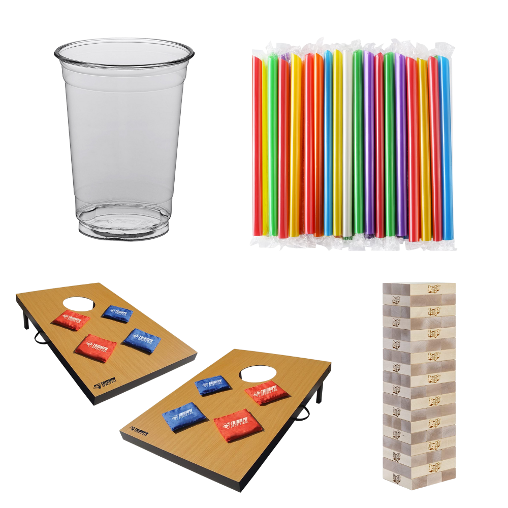100 Cups & Straws + Yard Games (Cornhole and Giant Jenga)