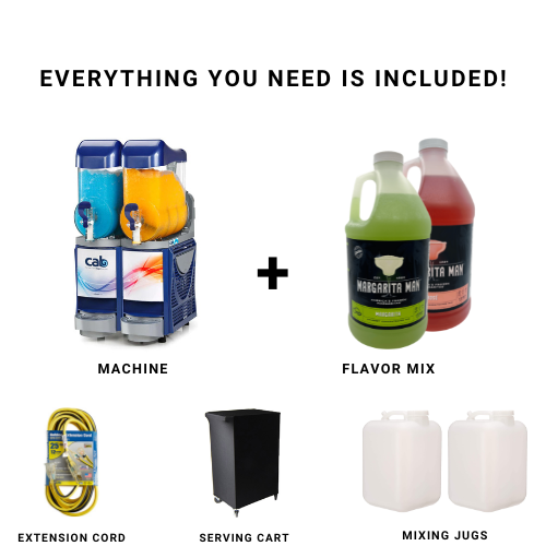 Everything you need is included! Margarita machine, two flavor mixes, electrical cord, serving cart, mixing jugs