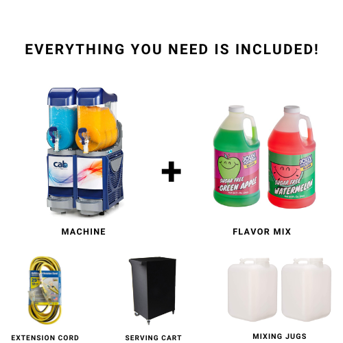 Everything you need is included: slushy machine, flavor mix, and more!